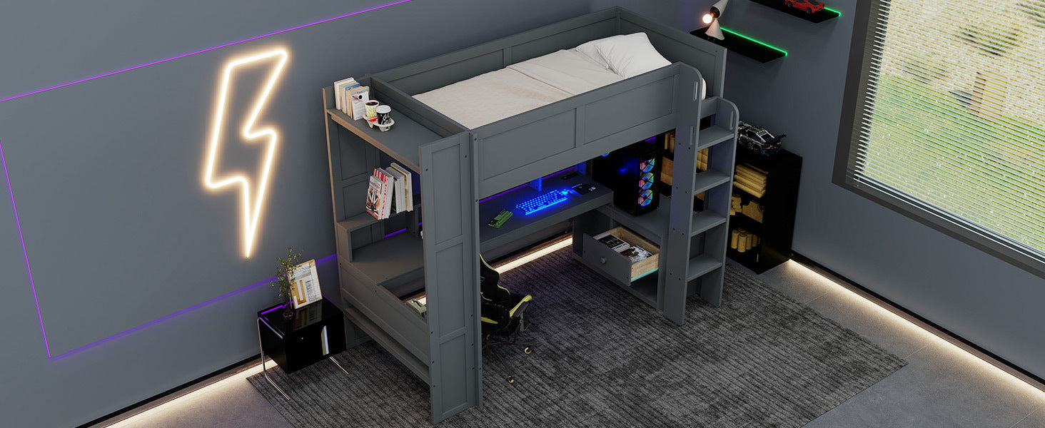 Wood Twin Size Gaming Loft Bed with Desk, Multi-storage Shelves, LED and Charging Station, Dark Gray - DTYStore