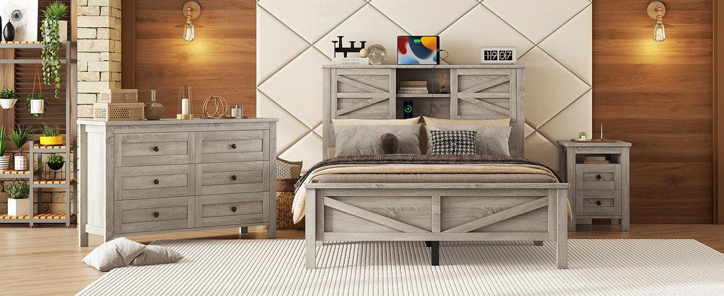 3-Pieces Bedroom Sets Full Size Farmhouse Platform Bed with Double Sliding Door Storage Headboard, Nightstand and Dresser