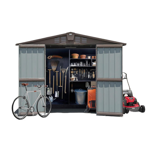 Outdoor Storage Shed 8.2' x 6.2', Metal Steel Utility Tool Shed Storage House with Double Lockable Doors & Air Vents for Backyard Patio Garden Lawn Brown - DTYStore