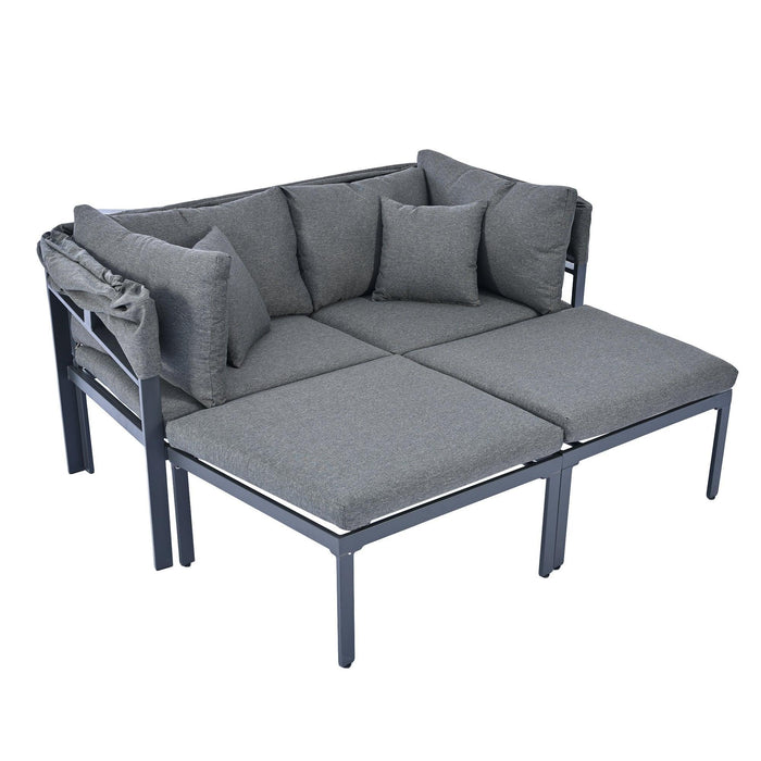 3-Piece Patio Daybed with Retractable Canopy Outdoor Metal Sectional Sofa Set Sun Lounger with Cushions for Backyard, Porch, Poolside