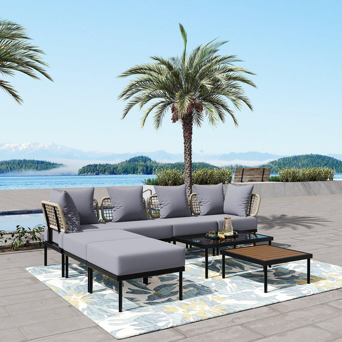 8-Piece Patio Sectional Sofa Set with Tempered Glass and Wooden Coffee Tables for Outdoor Oasis