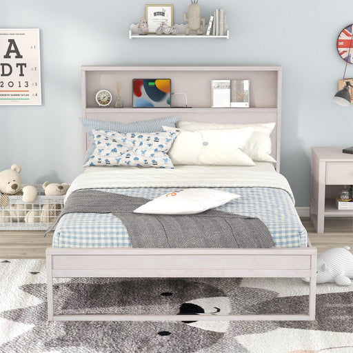 Platform Bed with Storage Headboard,Sockets and USB Ports,Full Size Platform Bed,Antique White - DTYStore