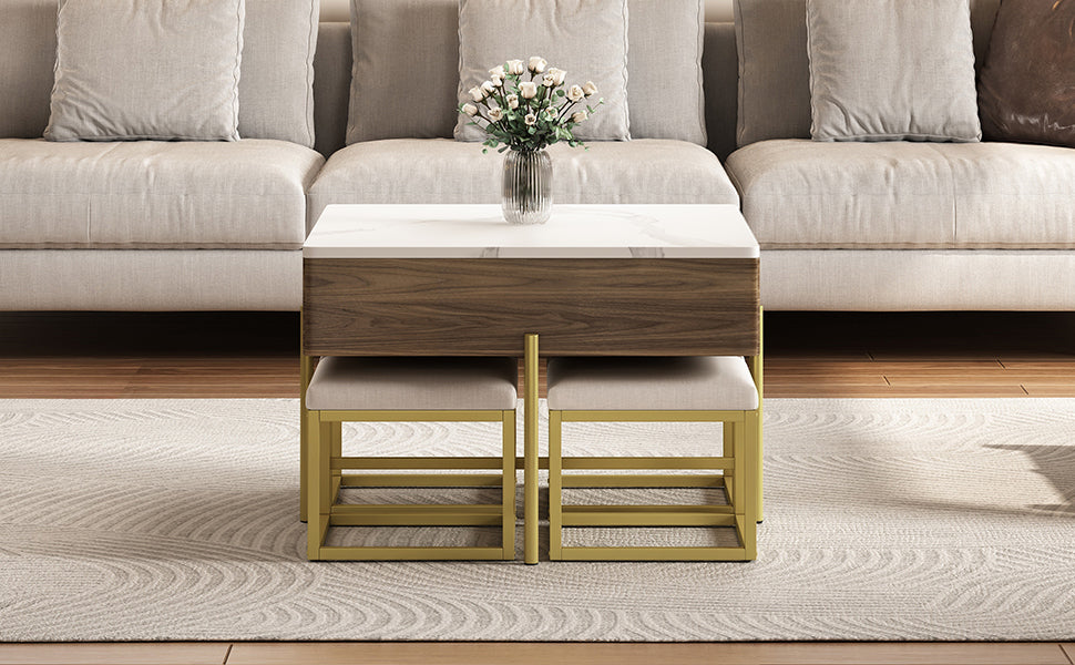 Modern Square Lift-Top Coffee Table Set with Storage & 4 Ottomans White & Walnut - DTYStore