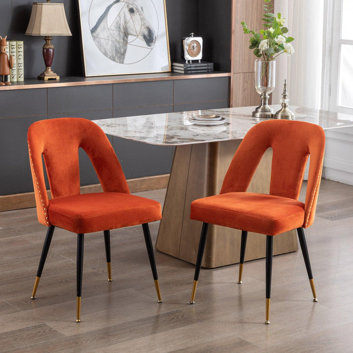 A&A Furniture,Akoya Collection Modern | Contemporary Velvet Upholstered Dining Chair with Nailheads and Gold Tipped Black Metal Legs, Orange，Set of 2