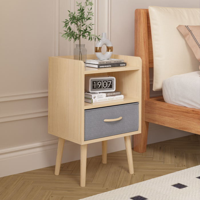 2PC Nightstand With Collapsible Fabric Drawer, 2-Tier Storage End Table, Wood Side Table with Storage Cabinet for Bedroom, Living Room - Oak - DTYStore