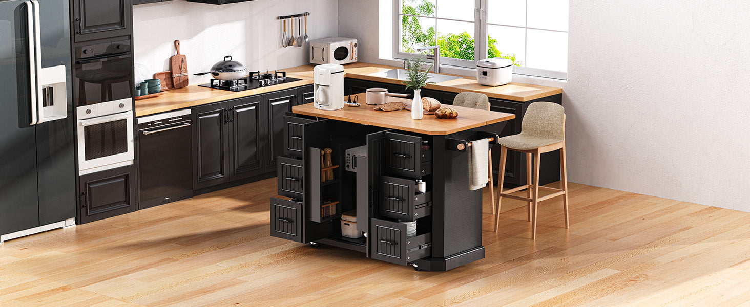 56 inch Kitchen Island with Rubber Wood Veneer Drop Leaf, Power Outlet, 4 Door Shelves, Embossed Vertical Stripe Rolling Kitchen Cart on 4 Wheels with 6 Deep Drawers for Kitchen, Dining Room,Black - DTYStore