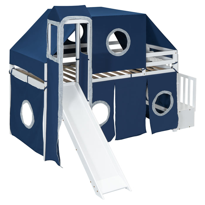 Twin Size Loft Bed with Tent and Tower - Blue - DTYStore
