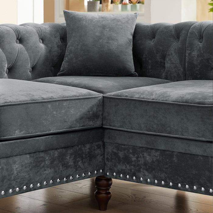 MH 80" Deep Button Tufted Upholstered Roll Arm Luxury Classic Chesterfield L-shaped Sofa 3 Pillows Included, Solid Wood Gourd Legs, Grey velvet