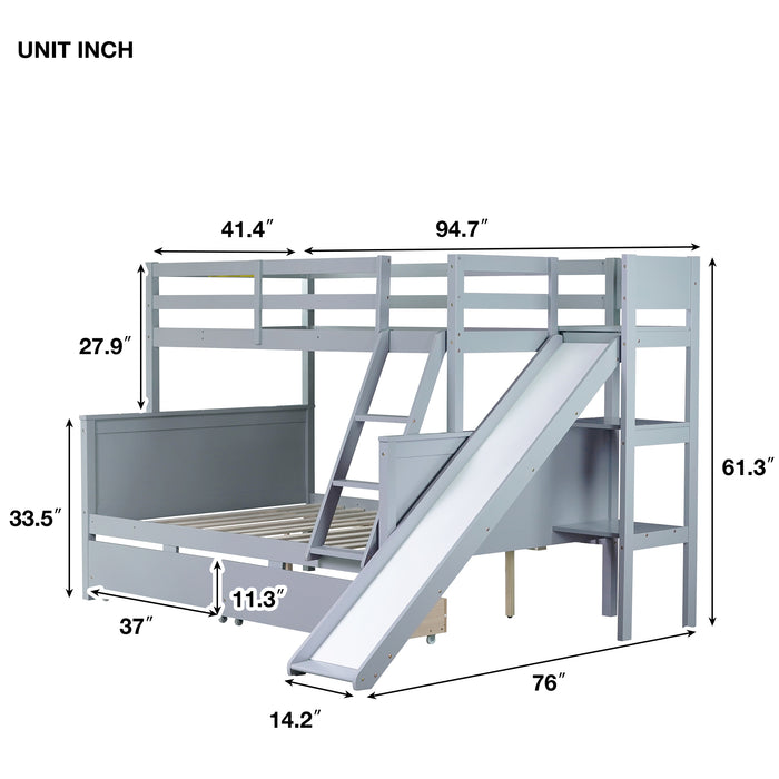 Twin over Full Bunk Bed with 2 Drawers, Slide, Shelves, Ladder, Rubber Wood Bunk Bed with Slide, Drawers,Grey(Old Sku:W504S00061) - DTYStore