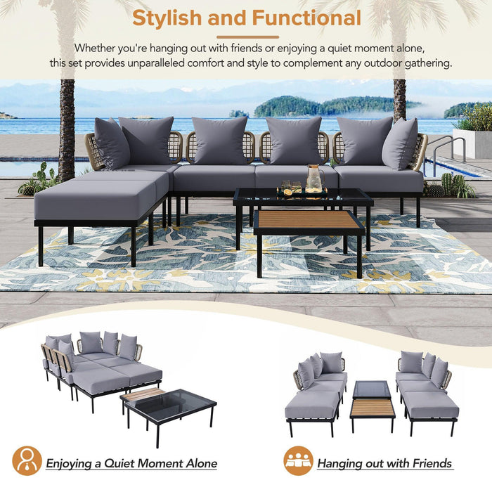 8-Piece Patio Sectional Sofa Set with Tempered Glass and Wooden Coffee Tables for Outdoor Oasis