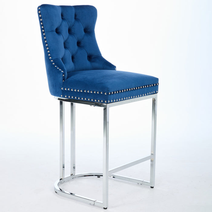 25' Counter Height Bar Stools Set of 2, Modern Velvet Barstools with Button Back&Rivet Trim Upholstered Kitchen Island Chairs with Sturdy Chromed Metal Base Legs Farmhouse Bar Stools, (Blue,2 Pack) - DTYStore