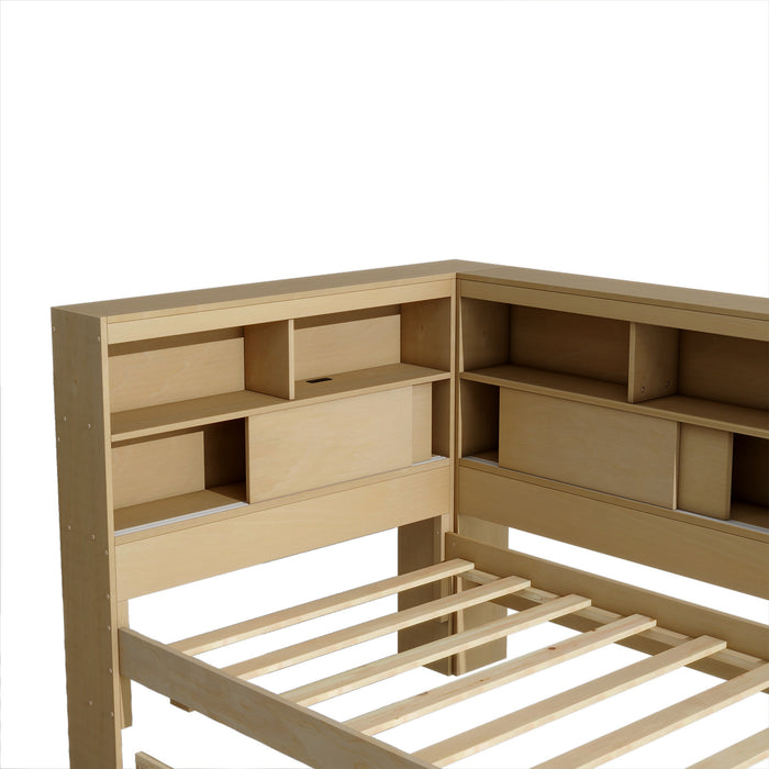 Twin Size Wood Daybed with Storage Shelves, USB and Trundle, Natural - DTYStore