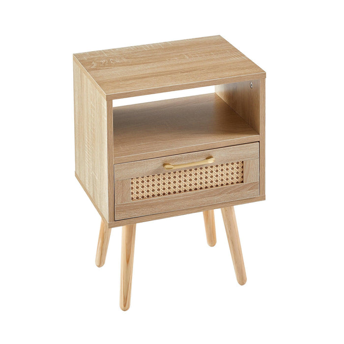 15.75" Rattan End table with drawer and solid wood legs, Modern nightstand, side table for living room, bedroom,natural - DTYStore