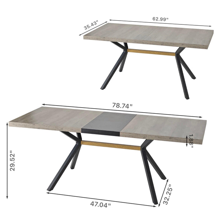 62.99"- 78.74"Retro Rectangular Stretch Table, Grey Carole Top, Black Embossed Center Plate, Walnut Color Beam, Black Fine Sand iron Foot Base Dining Table