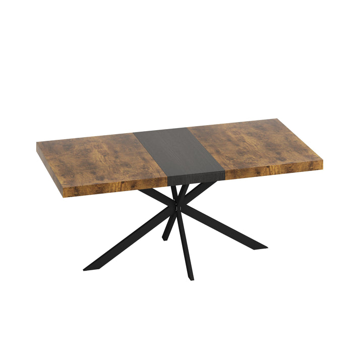 55.11" -70.86"Retro Rectangular Stretch Dining Table, Antique Wood Top And Black Relief Plate, Black Fine Sand Cross Iron Foot Base Dining Table, With Storage Box.