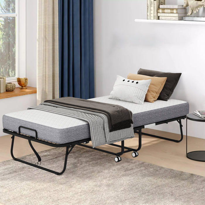 Folding Bed with Mattress 75" x 38" Rollaway Guest Bed Portable Foldable Bed for Adults with 5" Memory Foam Mattress Space-Saving Sturdy Metal Frame Grid Style - DTYStore