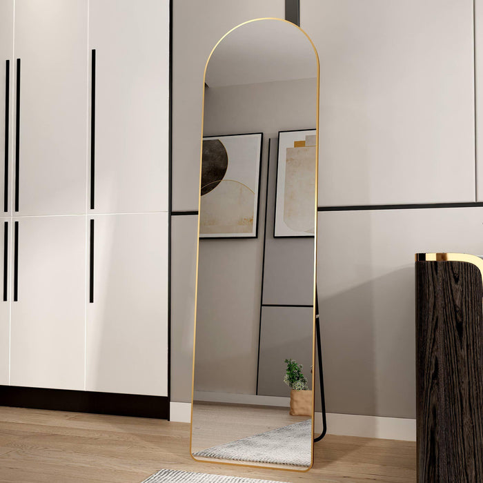 The 1st Generation of Floor Mounted Full Length Mirrors. Aluminum alloy metal frame arched wall mirror, bathroom makeup mirror, bedroom porch, wall mounted. Gold 60 "* 16.5"