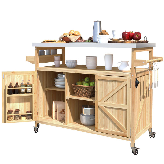 K&K Outdoor Kitchen Island, Rolling Bar Cart & Storage Cabinet, Farmhouse Solid Wood Outdoor Grill Table with Stainless Steel Top, Spice Rack , Towel Rack for Kitchen & BBQ , Natural