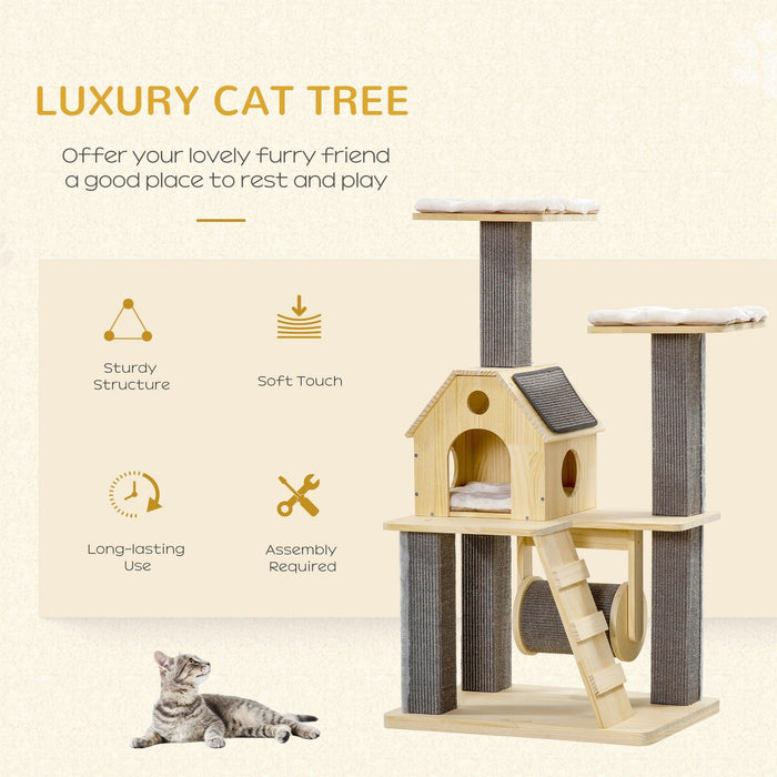 Cozy-House Cat Tree for Indoor Cats with Pillow-Covered Perches, Spinning Toy, Modern Climbing Activity Cat Tower with Scratching Posts, Cat Condo, Ladder, Natural