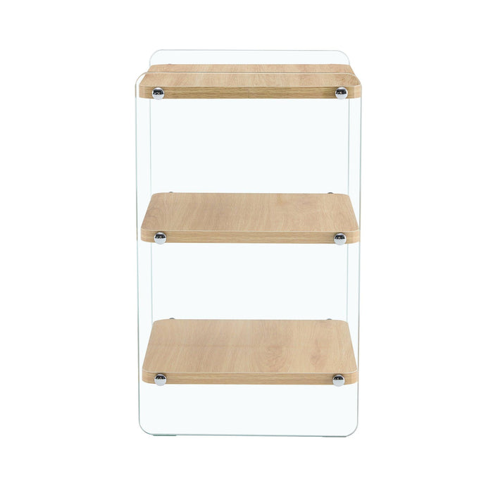 Three Layer Bedside Cabinet.The board is made of MDF with wooden stickers, with transparent tempered glass on both side.The design is simple and elegant, with powerful storage function.Storage cabinet