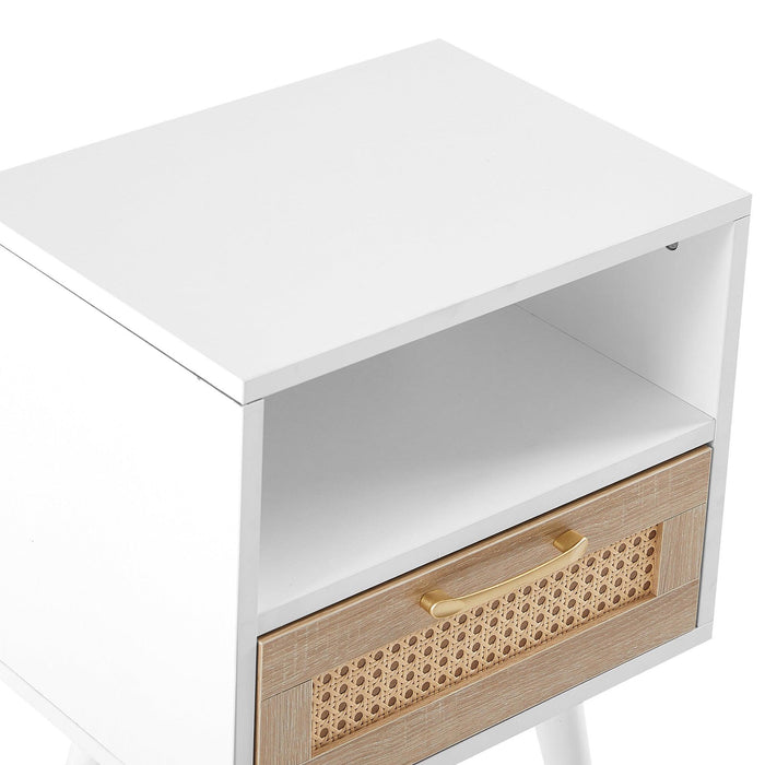 15.75" Rattan End table with drawer and solid wood legs, Modern nightstand, side table for living room, bedroom, white - DTYStore