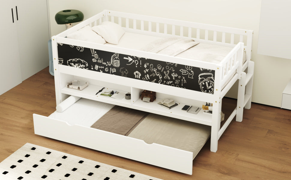 Twin Size Wood Low Loft Bed with Storage Shelves, Blackboard and Trundle, White - DTYStore
