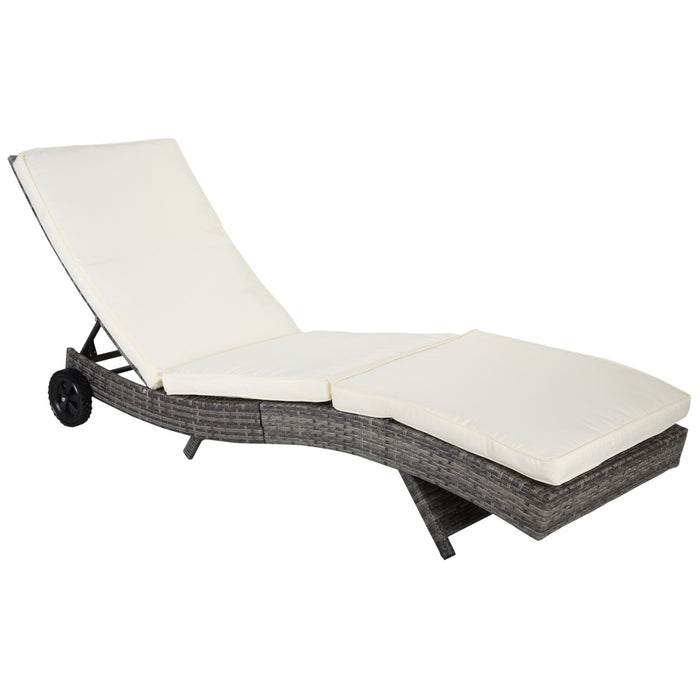 Outsunny Wicker Chaise Lounge Pool Chair, Outdoor PE Rattan Cushioned Patio Sun Lounger w/ 5-Level Adjustable Backrest & Wheels for Easy Movement, Cream White - DTYStore