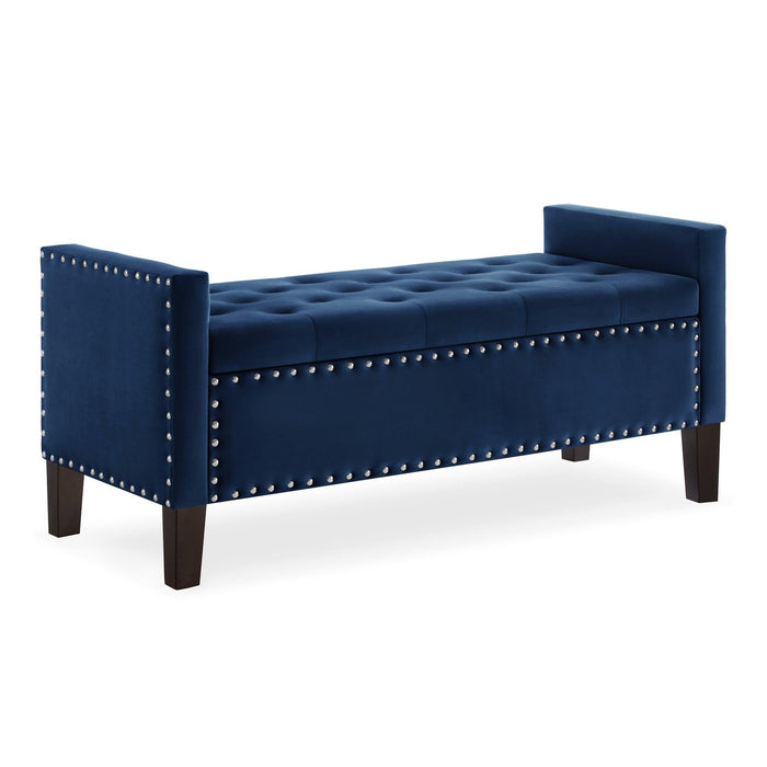 Upholstered Tufted Button Storage Bench with nails trim,Entryway Living Room Soft Padded Seat with Armrest,Bed Bench -Navy