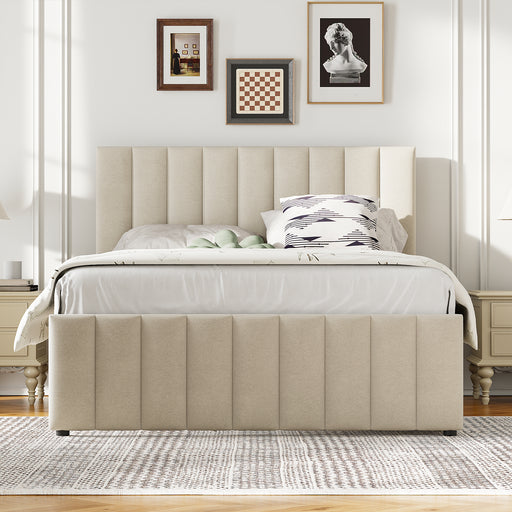 Full Size Upholstered Platform Bed with Twin Size Trundle and 3 Drawers, Linen Fabric, Beige - DTYStore