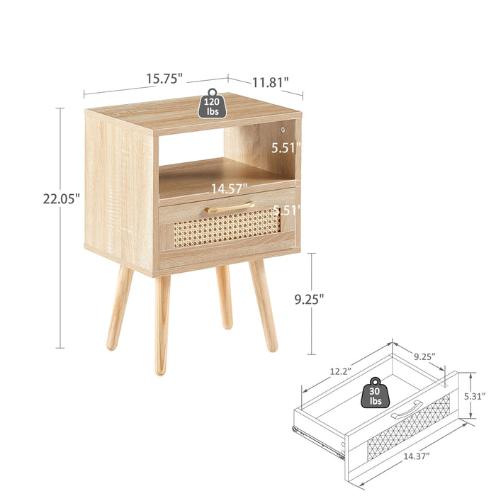 15.75" Rattan End table with drawer and solid wood legs, Modern nightstand, side table for living room, bedroom,natural - DTYStore