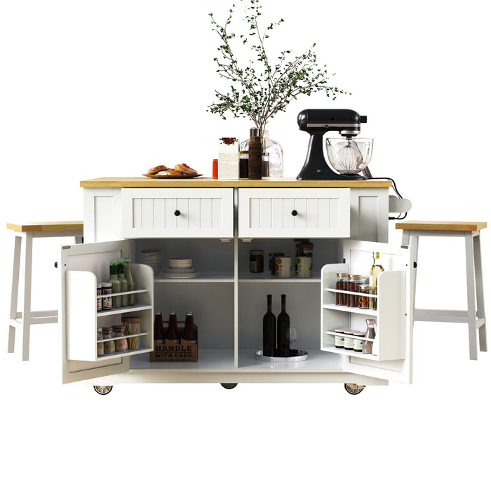 48inch Large Kitchen Island with 2 Bar Stools, Power Outlet, Door Internal Storage Rack, Kitchen Storage Cart on 5 Wheels with Drop Leaf, 5 Open Side Racks, 2 Drawers,for Kitchen,Dining Room,White - DTYStore