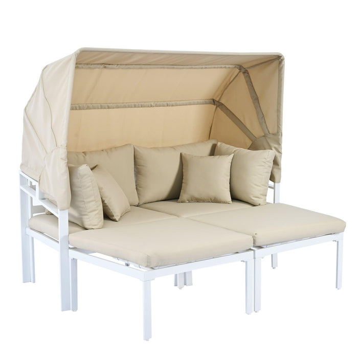 TOPMAX 3-Piece Patio Daybed with Retractable Canopy Outdoor Metal Sectional Sofa Set Sun Lounger with Cushions for Backyard, Porch, Poolside, Beige