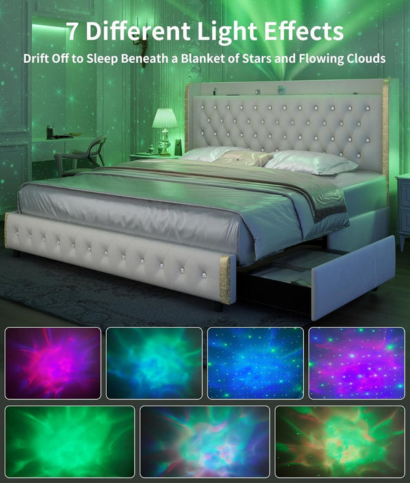 Queen size bed frame with 4 drawers, Star Projector Galaxy Light, Wingback Upholstered Headboard with Diamond Button, USB Charger and music speaker, PU Leather - DTYStore