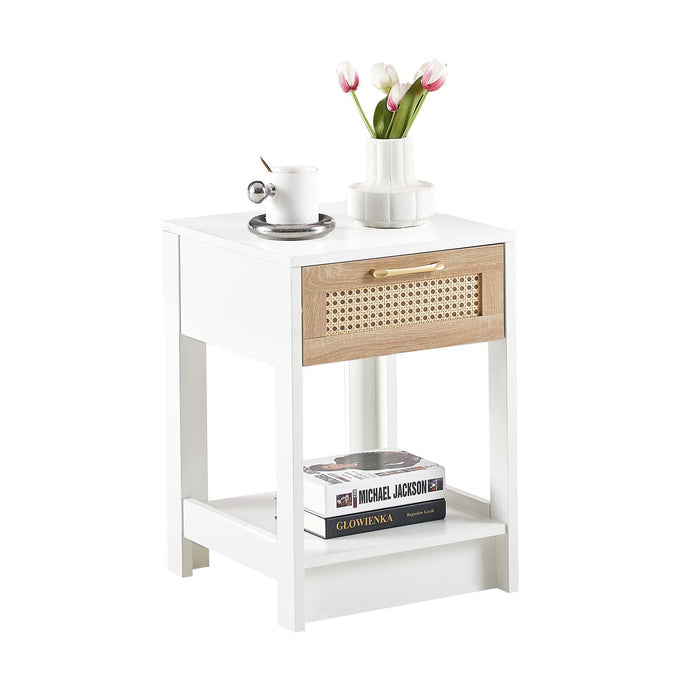 15.75" Rattan End table with drawer, Modern nightstand, side table for living room, bedroom,white - DTYStore