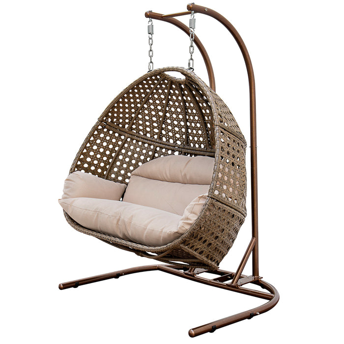 Brown Wicker Hanging Double-Seat Swing Chair with Stand w/Beige Cushion - DTYStore