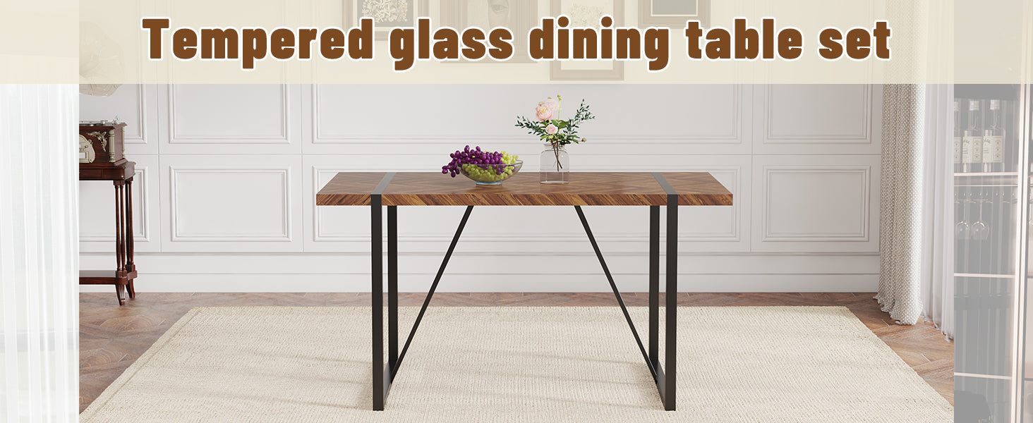A minimalist retro rectangular dining table with a specially textured top and black metal legs.Contemporary Minimalist MDF Dark Wood Textured Tabletop.Able To Give People A Visual Beauty With Rules. - DTYStore