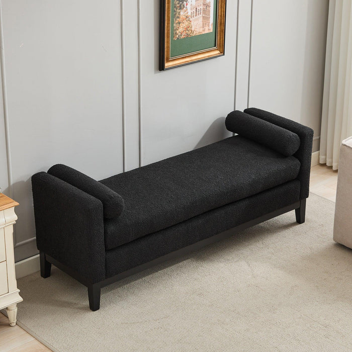 66.34"W Elegant Upholstered Bench,Daybed, Ottoman with Wood Legs & 2 Bolster Pillows for End of Bed, Bedroom, Living Room, Entryway,Black Boucle