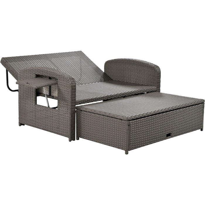 PE Wicker Rattan Double Chaise Lounge, 2-Person Reclining Daybed with Cushions and Cover