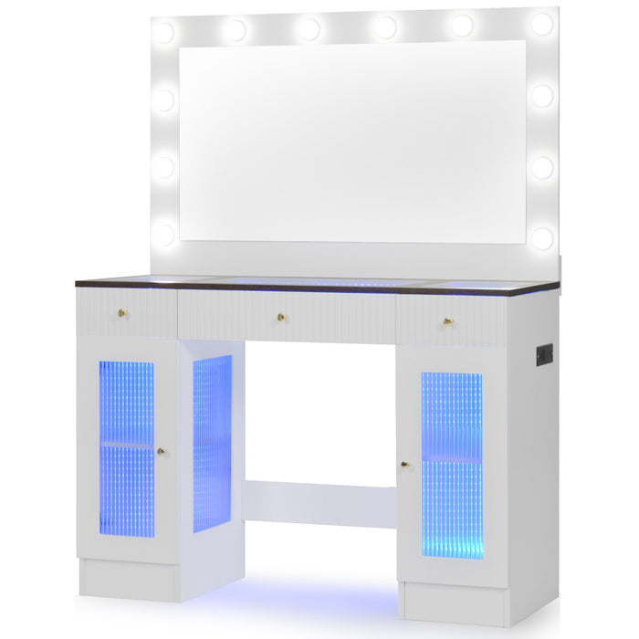 43.3' Vanity Desk with Large Mirror and Hollywood Bulbs, Modern Glass Top Makeup Vanity with Drawers and Power Outlet, Large Dressing Table with 3 Color Lighting Modes & RGB Cabinets for Bedroom - DTYStore