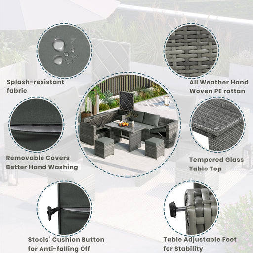 Outdoor 6-Piece All Weather PE Rattan Sofa Set, Garden Patio Wicker Sectional Furniture Set with Adjustable Seat, Storage Box, Removable Covers and Tempered Glass Top Table,Grey - DTYStore