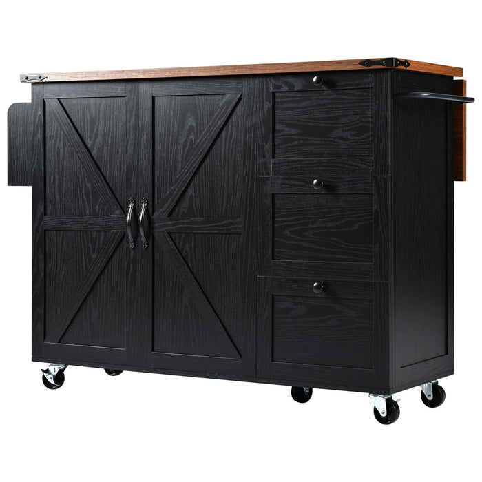 K&K 54.5" Farmhouse Kitchen Island with Power Outlet, Kitchen Storage Island with Internal Storage Rack, Drop Leaf, Spice Rack, Rolling Kitchen Cart on Wheels, for Home, Kitchen and Dining Room,Black