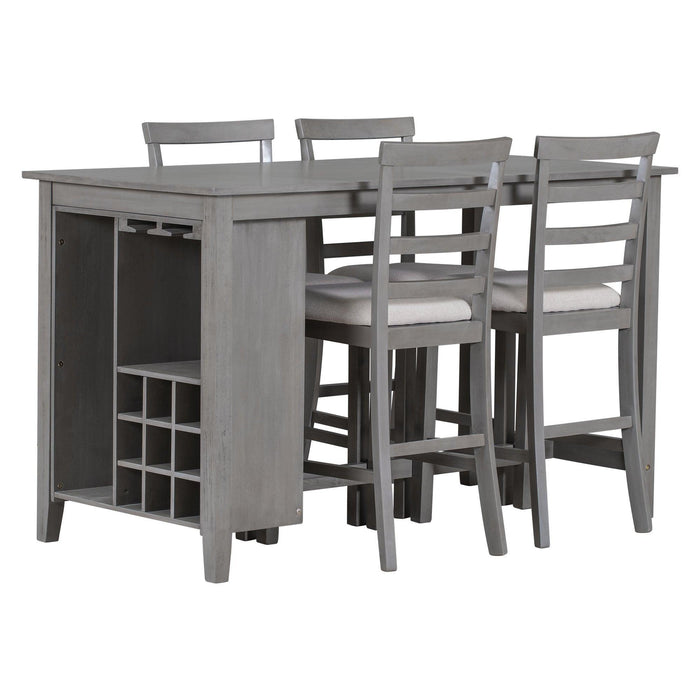 5-Piece Multi-Functional Rubber Wood Counter Height Dining Set with Padded Chairs and Integrated Wine Compartment