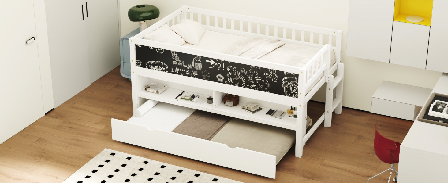 Twin Size Wood Low Loft Bed with Storage Shelves, Blackboard and Trundle, White - DTYStore