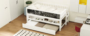 Twin Size Wood Low Loft Bed with Storage Shelves, Blackboard and Trundle, White - DTYStore