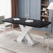 Modern Square Dining Table,Stretchable,Printed Black Marble Table Top+MDF White X-Shape Table Leg with Metal Base