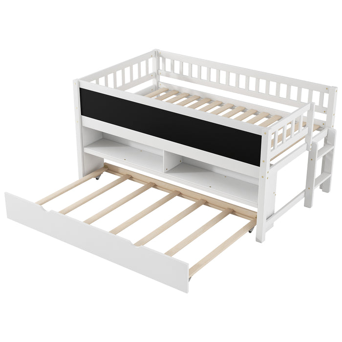 Twin Size Wood Low Loft Bed with Storage Shelves, Blackboard and Trundle, White - DTYStore