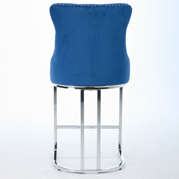 25' Counter Height Bar Stools Set of 2, Modern Velvet Barstools with Button Back&Rivet Trim Upholstered Kitchen Island Chairs with Sturdy Chromed Metal Base Legs Farmhouse Bar Stools, (Blue,2 Pack) - DTYStore