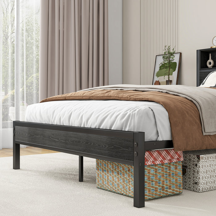Full Size Bed Frame with Storage Headboard, Metal Platform Bed with Charging Station, Bookcase Storage, No Box Spring Needed, Easy Assembly, Noise-Free, Black - DTYStore