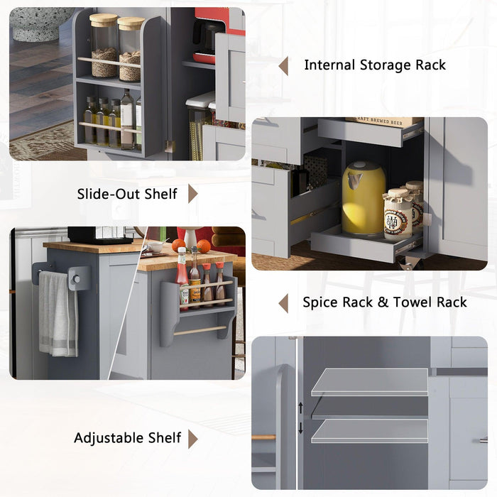 K&K Rolling Kitchen Island with Storage, Kitchen Cart with Rubber Wood Top, 3 Drawer, 2 Slide-Out Shelf and Internal Storage Rack, Kitchen Island on Wheels with Spice Rack & Tower Rack, Grey Blue