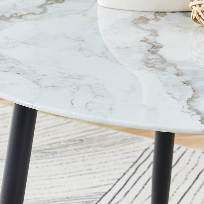 A modern minimalist circular dining table with a diameter of 40 inches, a 0.3 inch thick imitation marble pattern tabletop and black metal legs 40 '* 40' * 30 'DT-1164